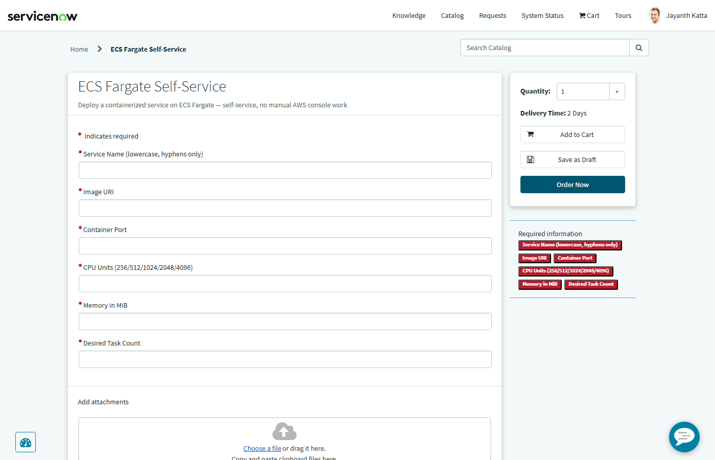 ServiceNow self-service catalog item order form for the Fargate service request