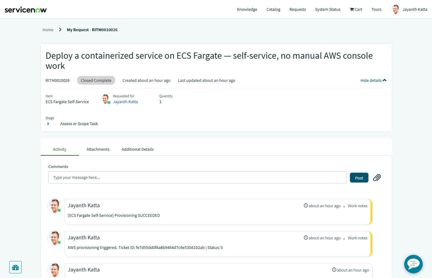 Closed ServiceNow ticket RITM0010026 showing the Provisioning SUCCEEDED work note