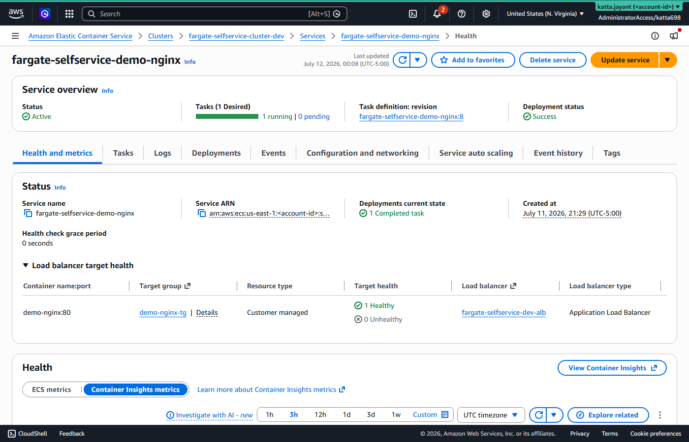 ECS service health page showing 1 healthy target and 0 unhealthy targets