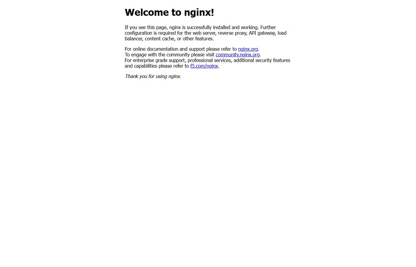 Live nginx welcome page response served through the shared ALB URL