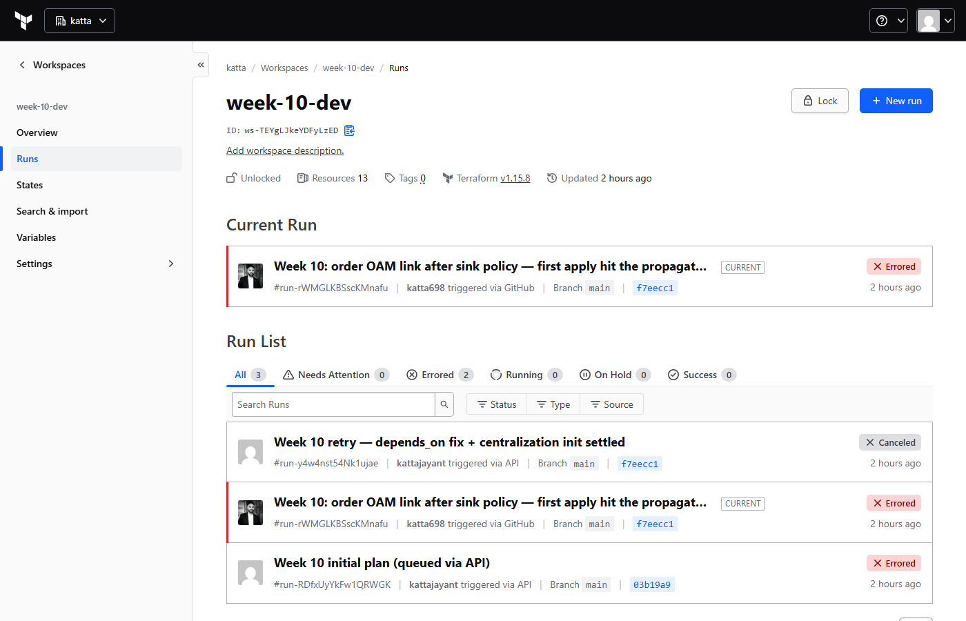 HCP Terraform run history for the week-10-dev workspace