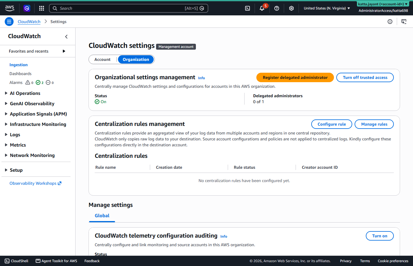 CloudWatch settings Organization view in the management account showing organizational settings management status On and an empty centralization rules panel
