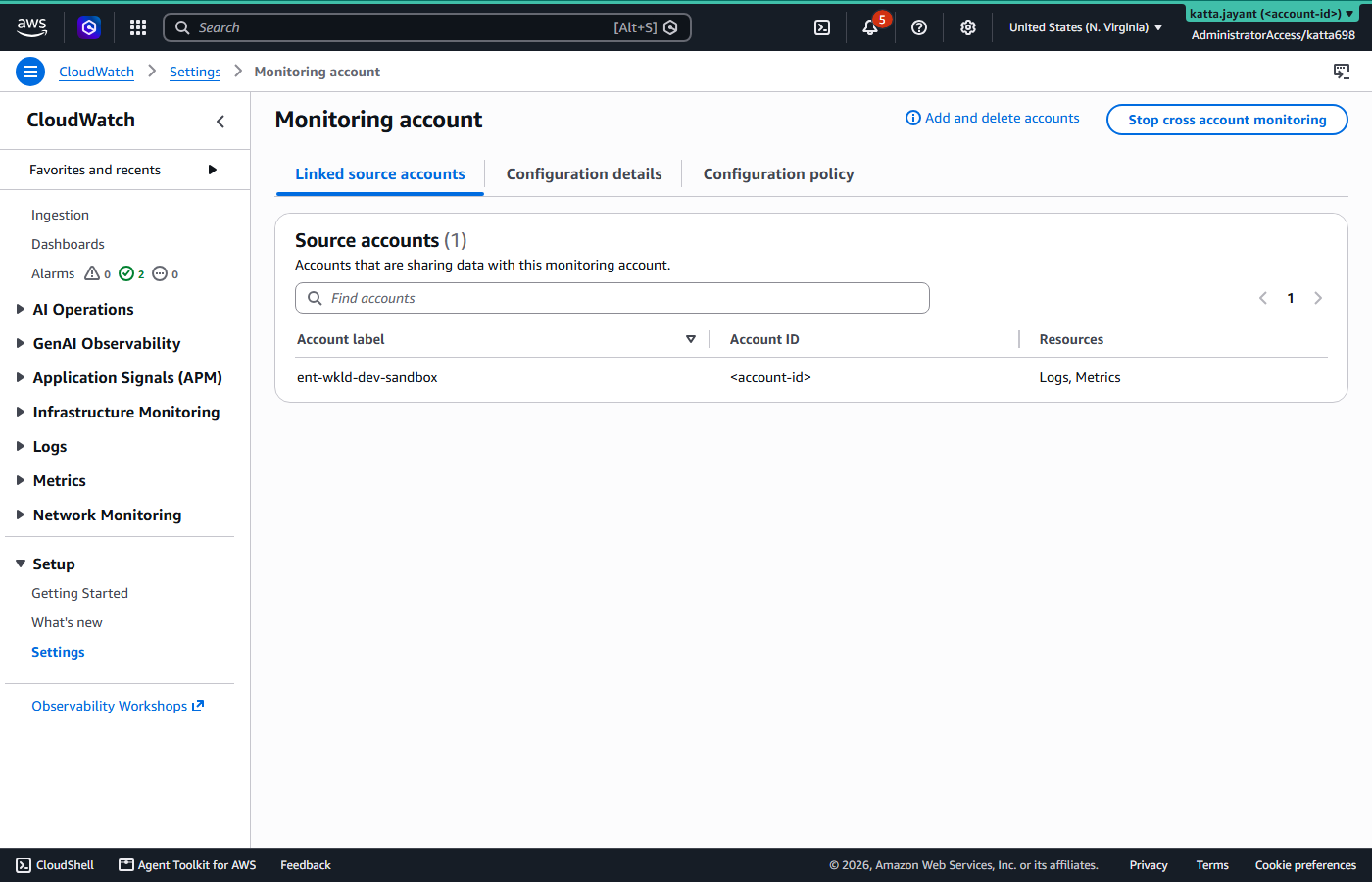 CloudWatch monitoring account view showing one linked source account sharing Logs and Metrics