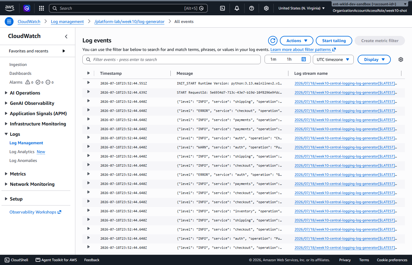 Source account log group showing structured JSON log events at INFO, WARN and ERROR levels emitted by the generator Lambda