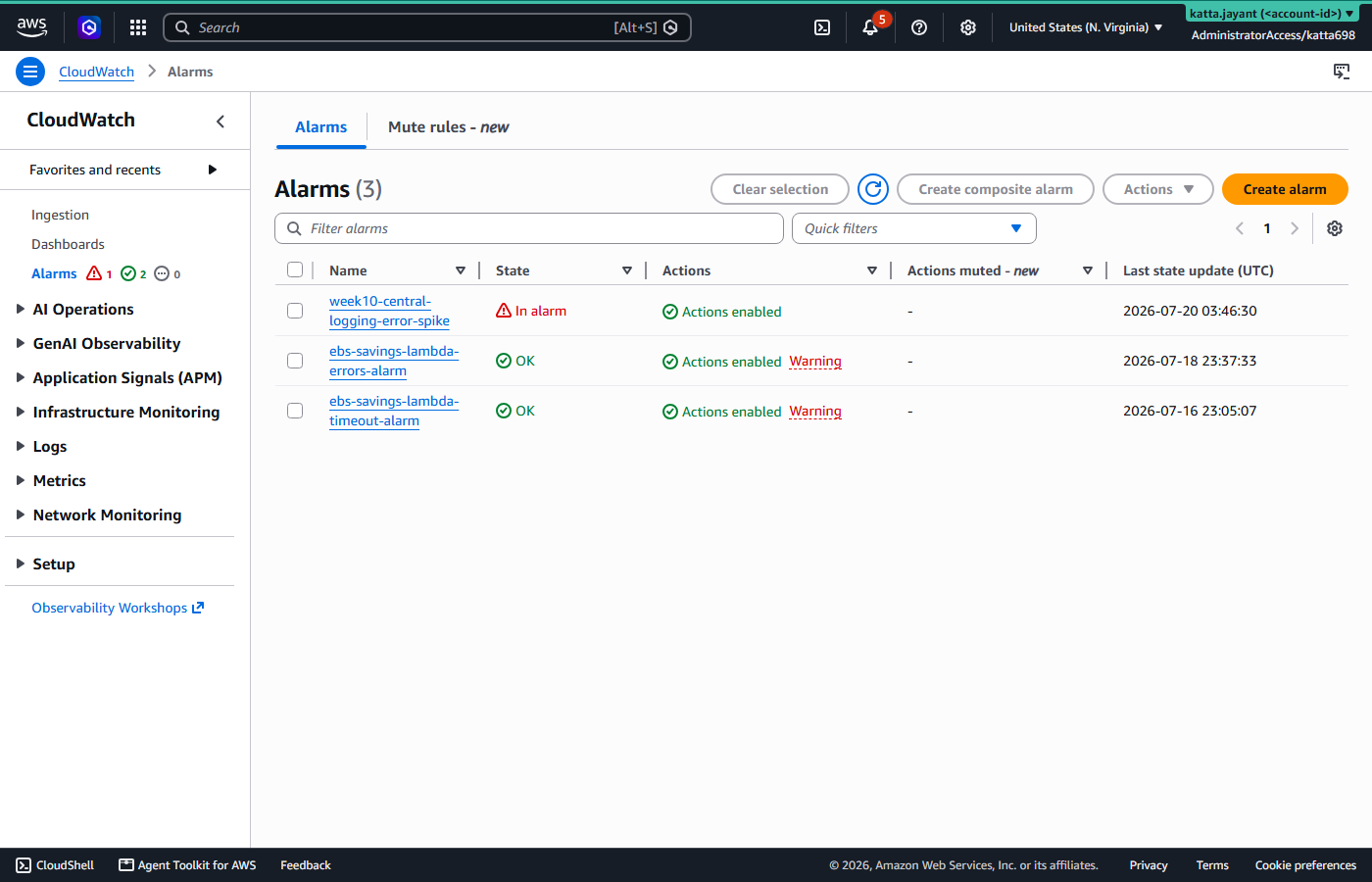 CloudWatch alarms list showing week10-central-logging-error-spike in the In alarm state with actions enabled