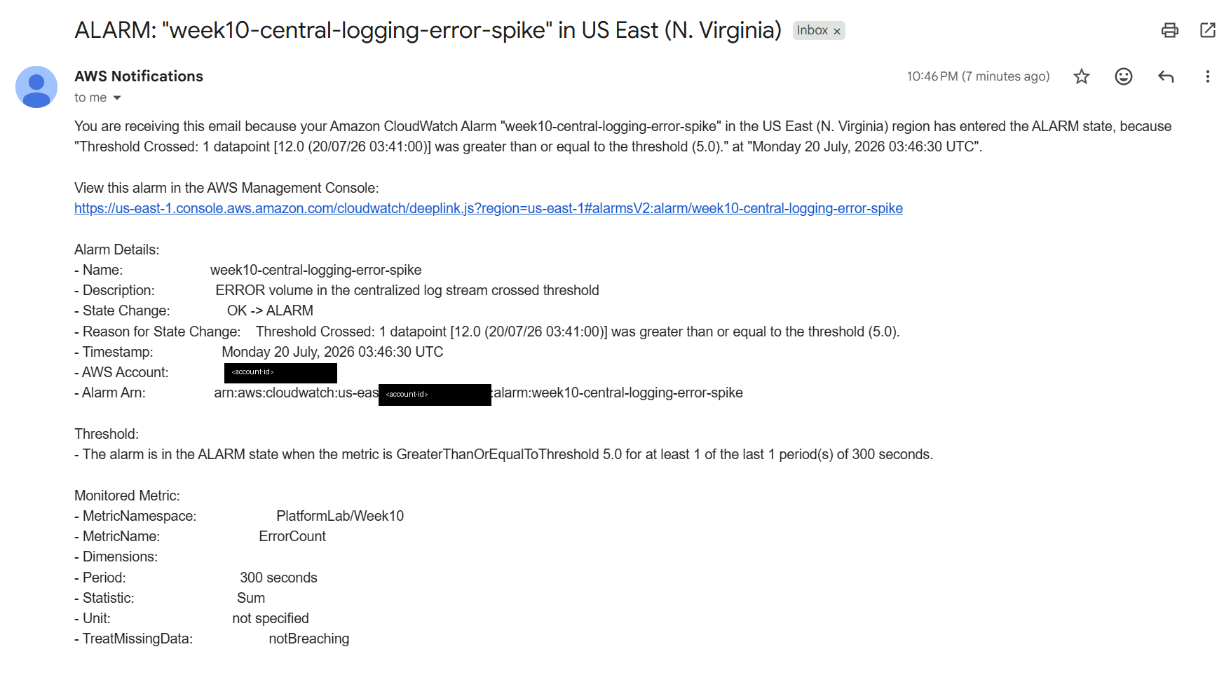 SNS alarm notification email showing the week10-central-logging-error-spike alarm entering the ALARM state with threshold crossed details