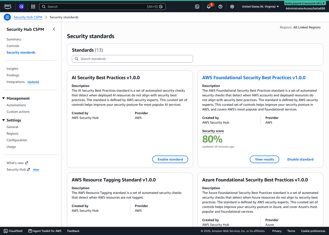 Security Hub CSPM Security standards page showing AWS Foundational Security Best Practices v1.0.0 enabled with an 80 percent security score