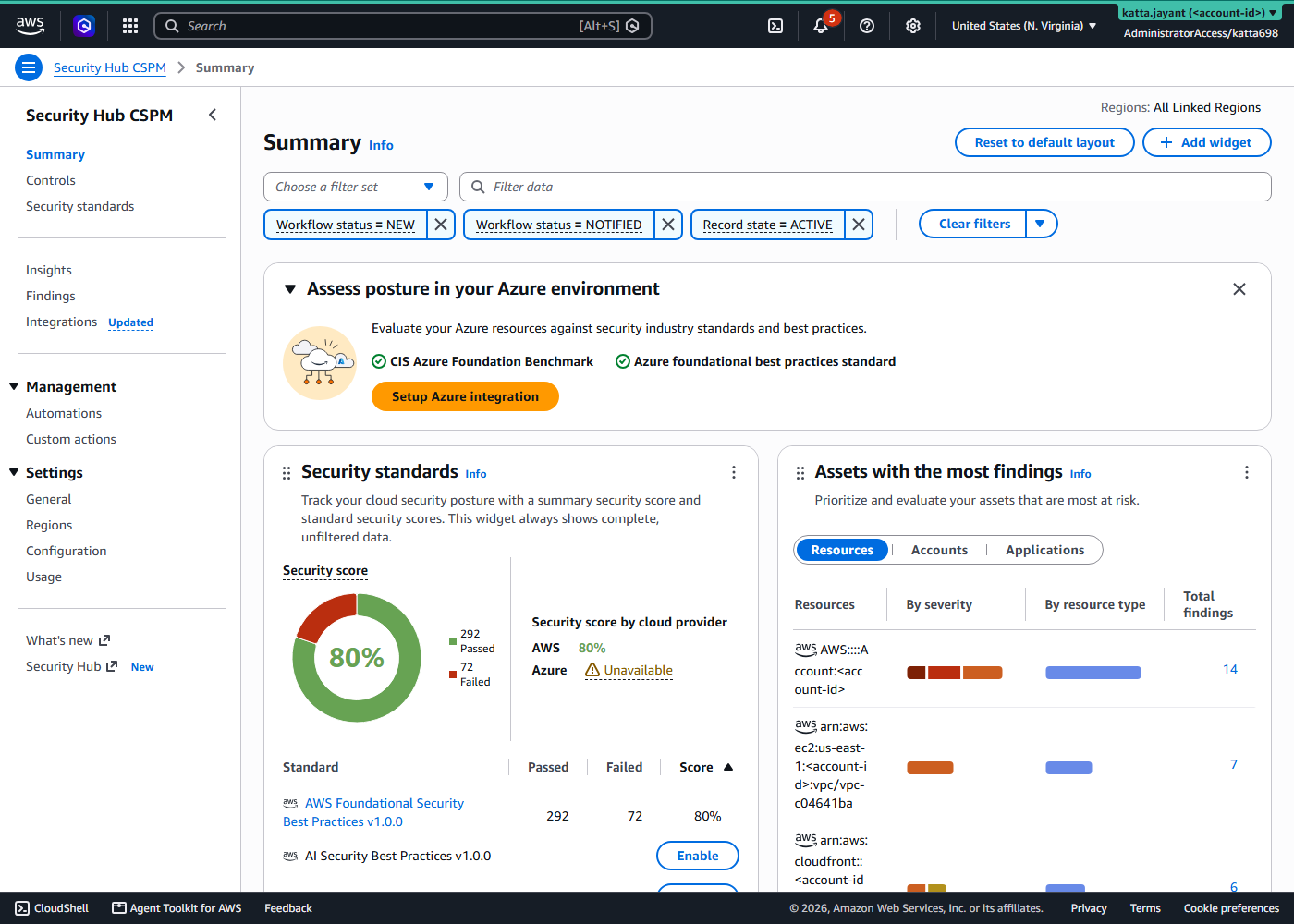 Security Hub CSPM summary showing an 80 percent security score, 292 passed and 72 failed FSBP controls, and assets with the most findings