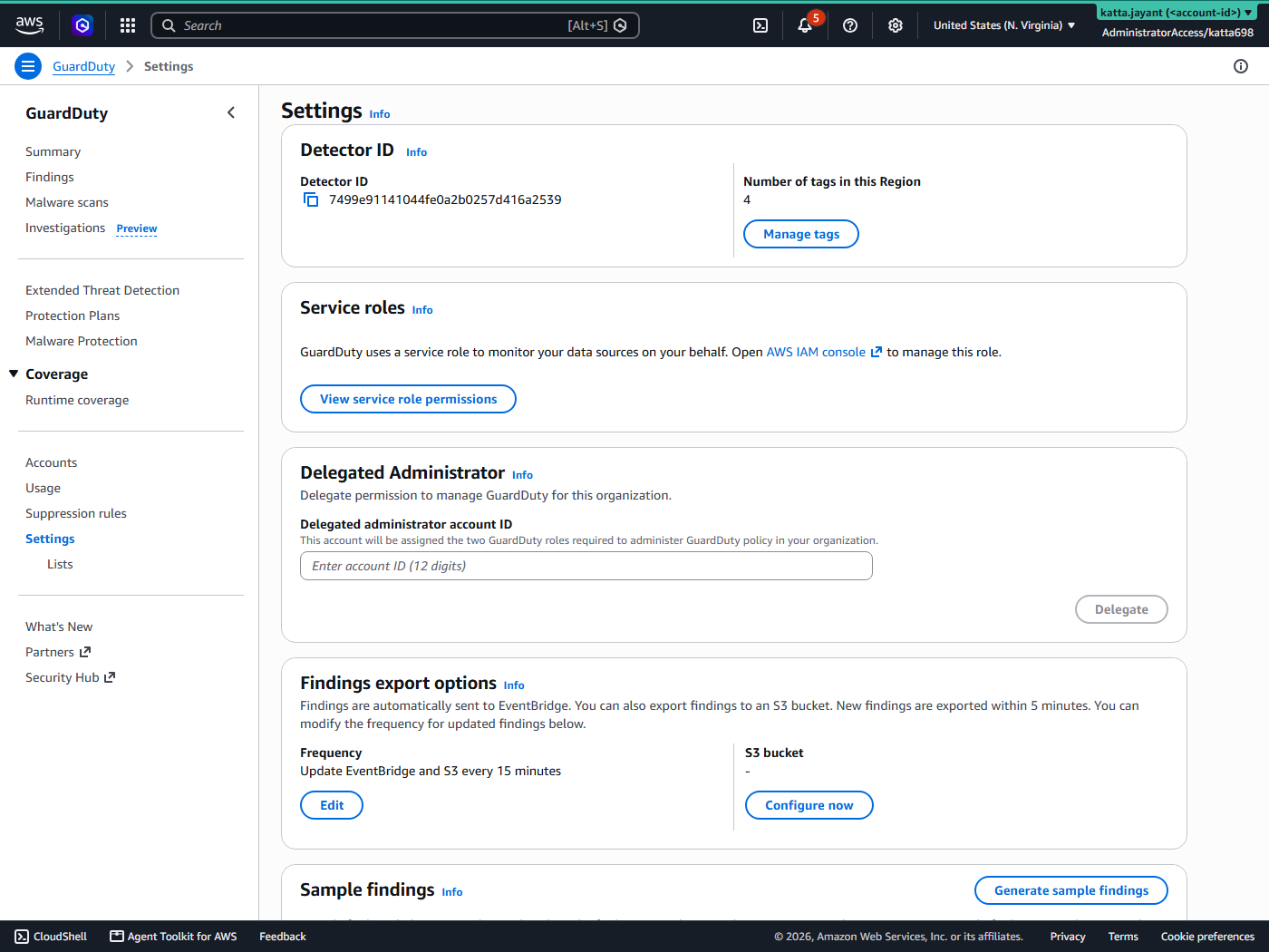 GuardDuty settings page showing the detector enabled with a detector ID and findings exported to EventBridge every 15 minutes
