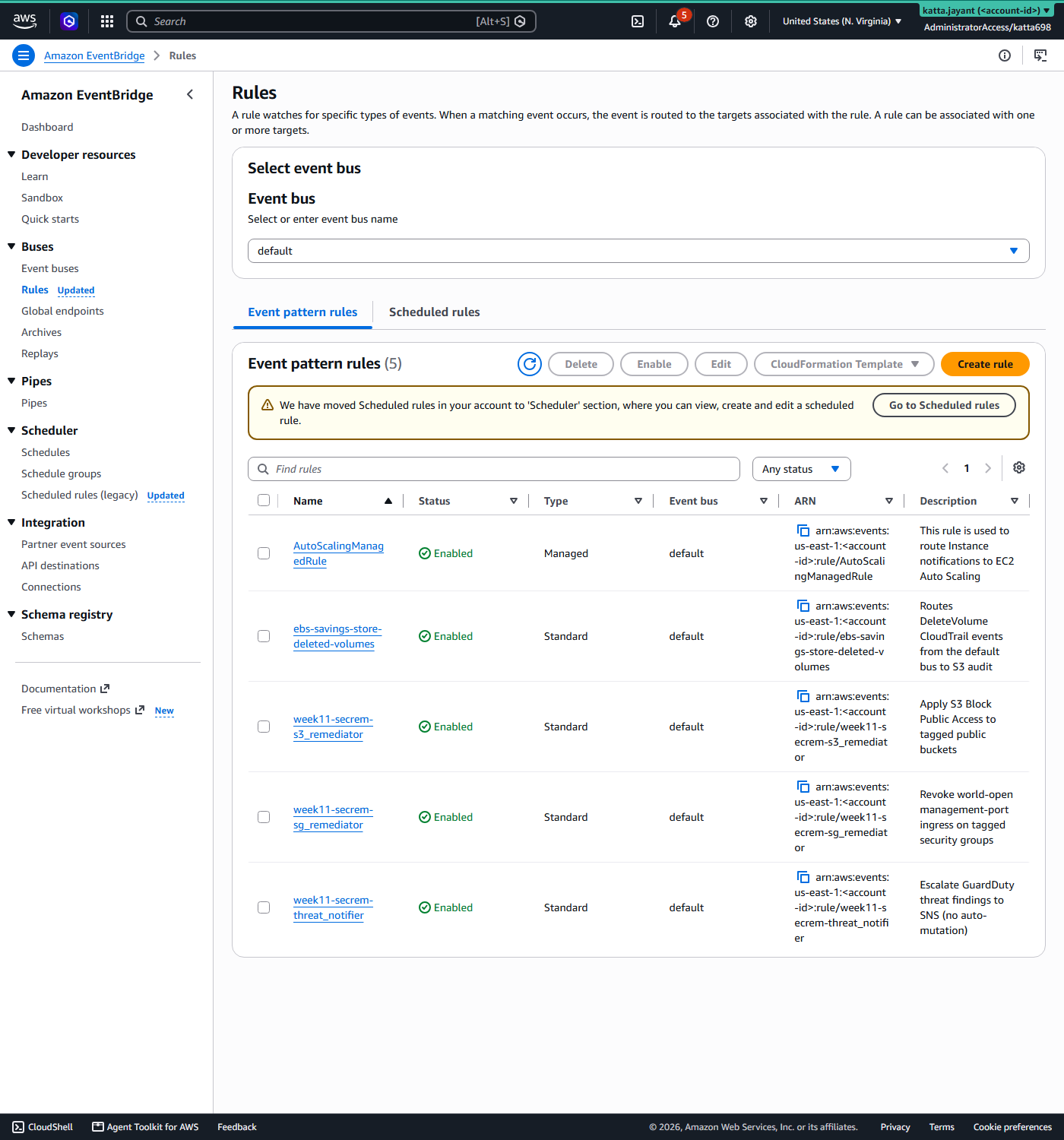 Amazon EventBridge rules list showing the three week11 rules enabled, each routing a finding class to its Lambda