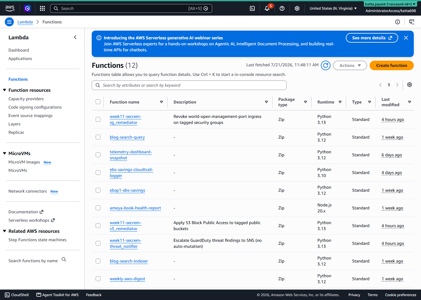 AWS Lambda functions list showing the three week11 remediation functions with their descriptions