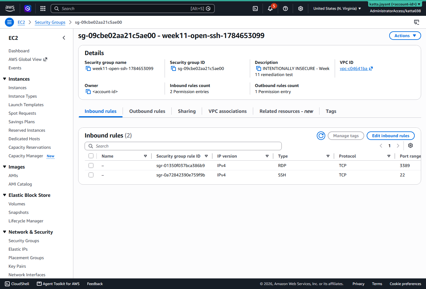 EC2 security group detail page showing two inbound rules for SSH port 22 and RDP port 3389