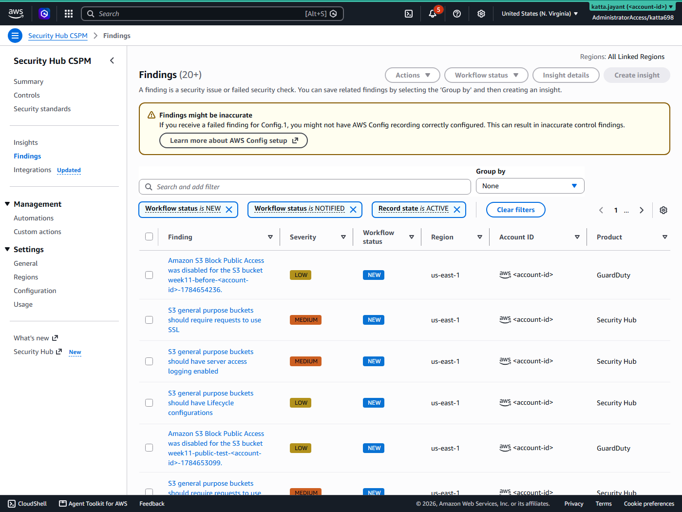Security Hub CSPM findings console showing findings from both Security Hub and GuardDuty in a single pane with account IDs redacted