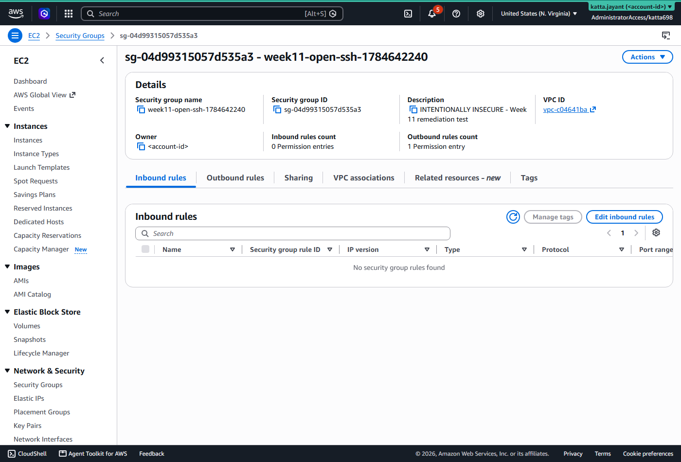 The same EC2 security group now showing zero inbound rules after remediation