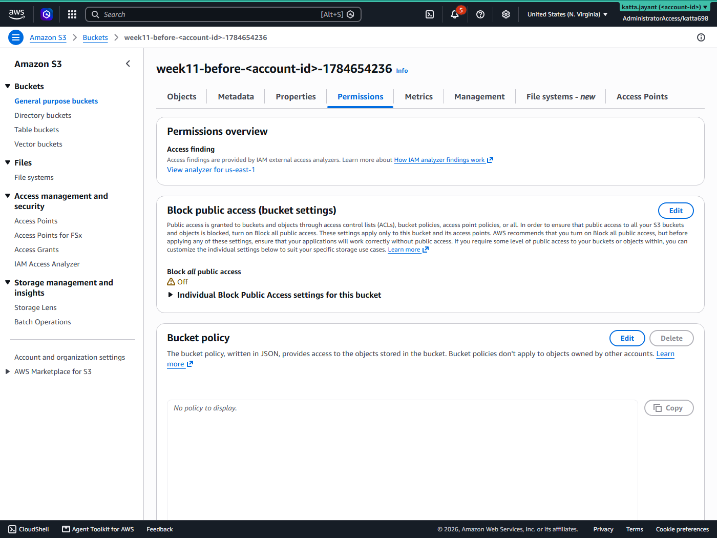 S3 bucket permissions page showing Block all public access set to Off