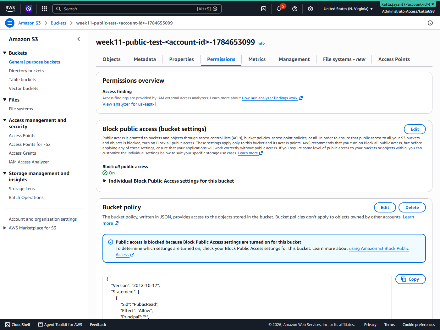 S3 bucket permissions page showing Block all public access set to On after remediation