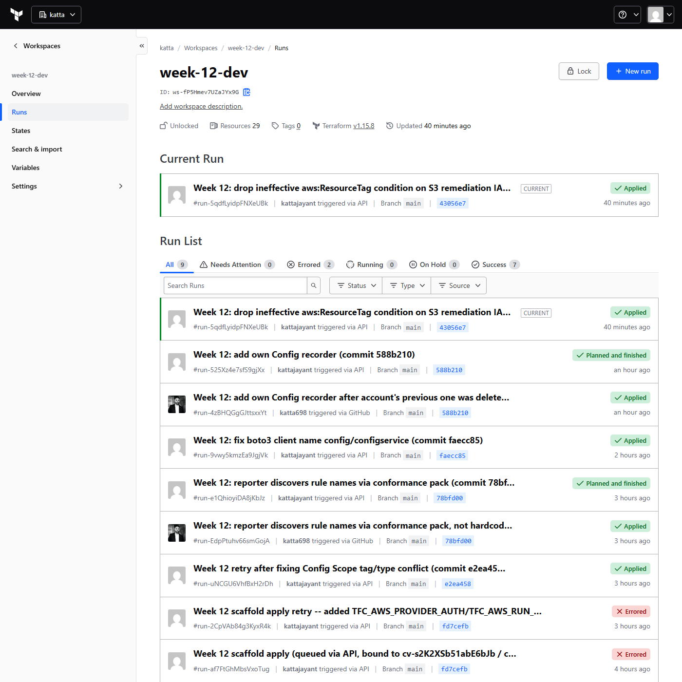 HCP Terraform run history for week-12-dev showing 9 runs, 2 errored and 7 successful, with commit messages describing each fix
