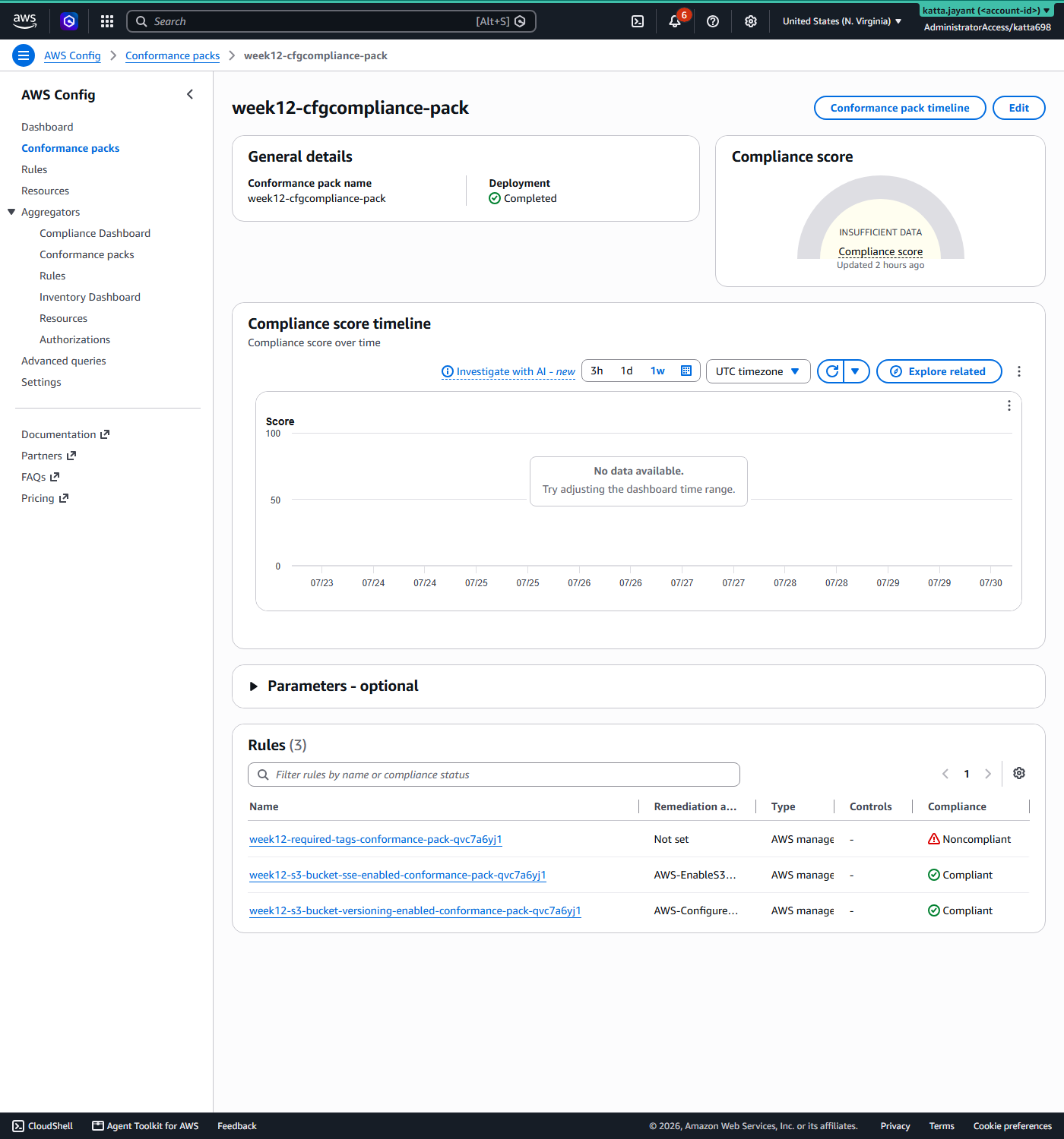 AWS Config conformance pack detail page showing 3 rules: required-tags noncompliant, s3-bucket-sse-enabled compliant, s3-bucket-versioning-enabled compliant