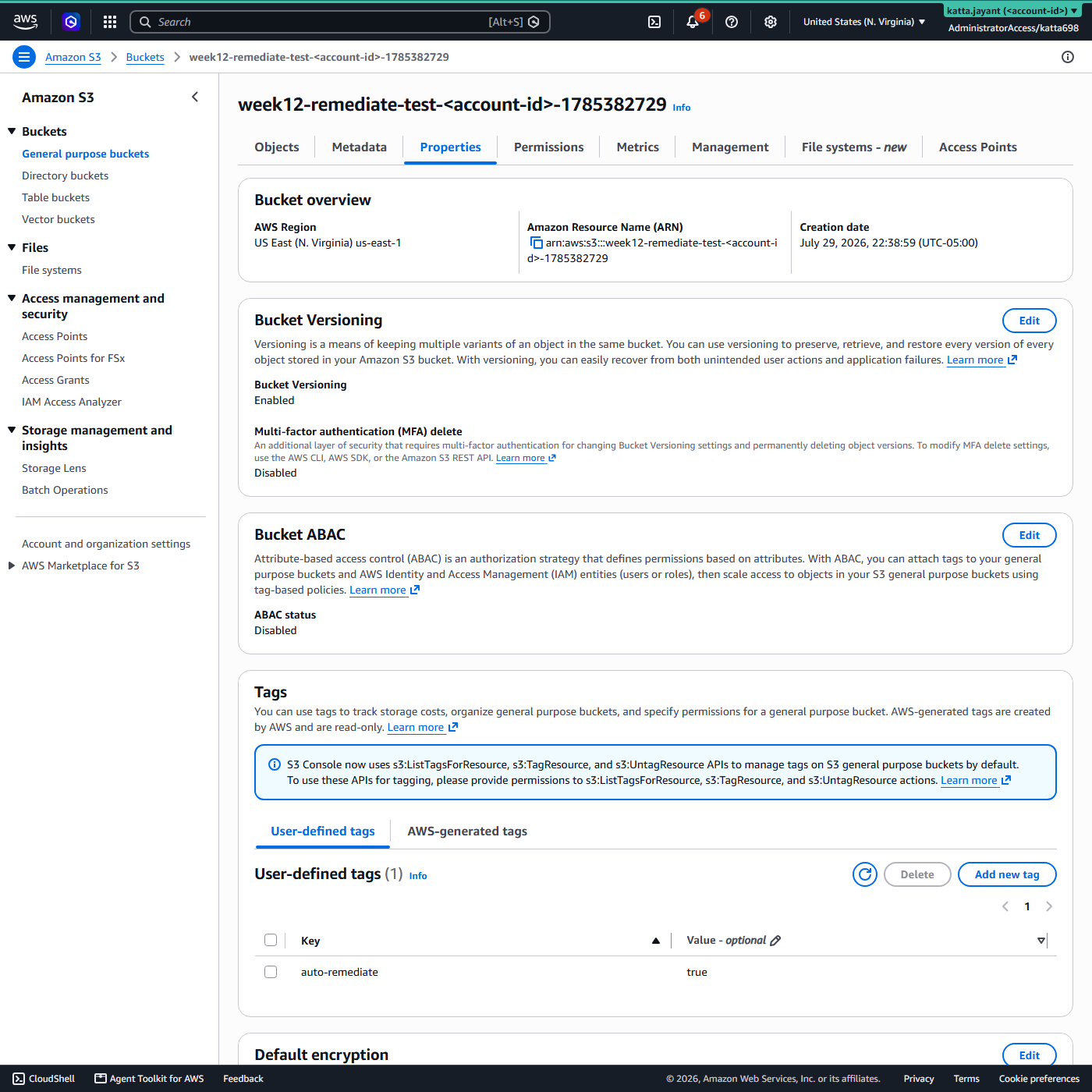 S3 bucket properties page showing Bucket Versioning set to Enabled and a user-defined tag auto-remediate equal to true