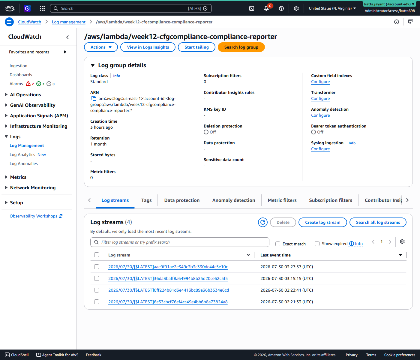 CloudWatch log group for the compliance_reporter Lambda showing 4 log streams from successful invocations