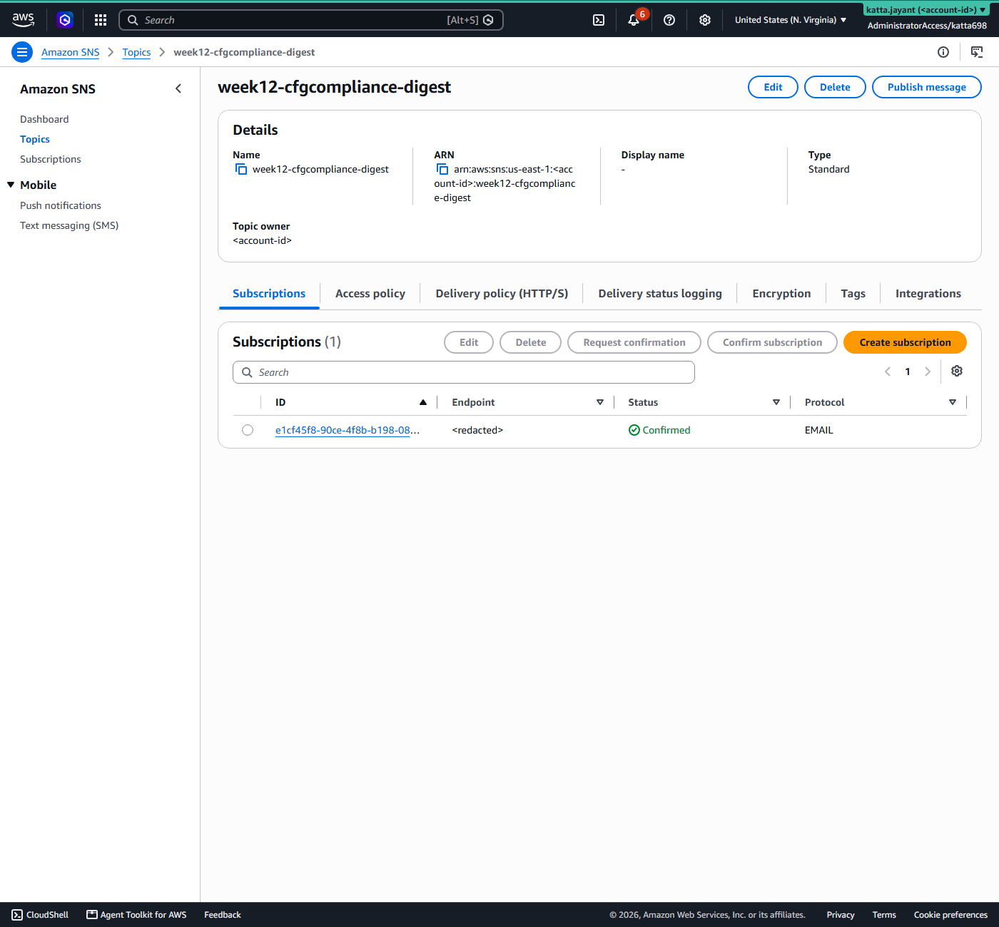 Amazon SNS topic detail page for the compliance digest showing one confirmed email subscription