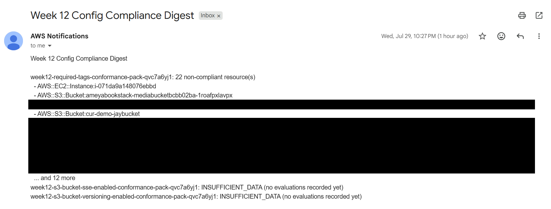 Email titled Week 12 Config Compliance Digest listing 22 non-compliant resources for required-tags and INSUFFICIENT_DATA for the two S3 rules at the time this digest ran