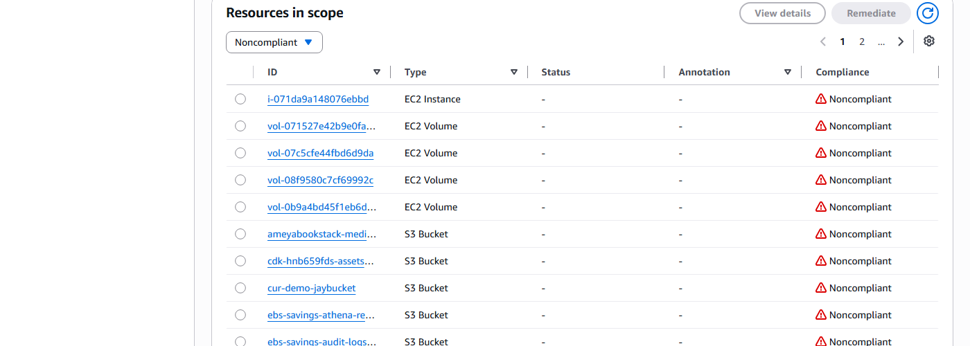 AWS Config rule resources-in-scope table listing EC2 instances, EBS volumes, and S3 buckets all marked noncompliant