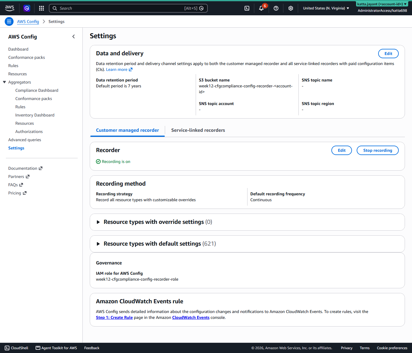AWS Config settings page showing the customer managed recorder with recording on, continuous frequency, and 621 resource types