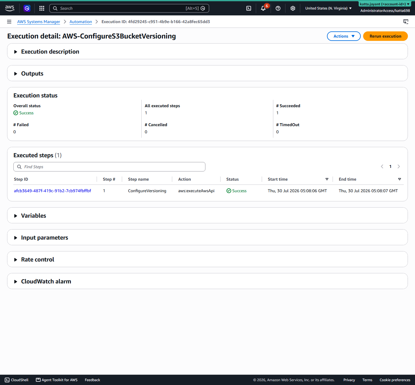 Systems Manager Automation execution detail for AWS-ConfigureS3BucketVersioning showing overall status Success and the ConfigureVersioning step succeeded