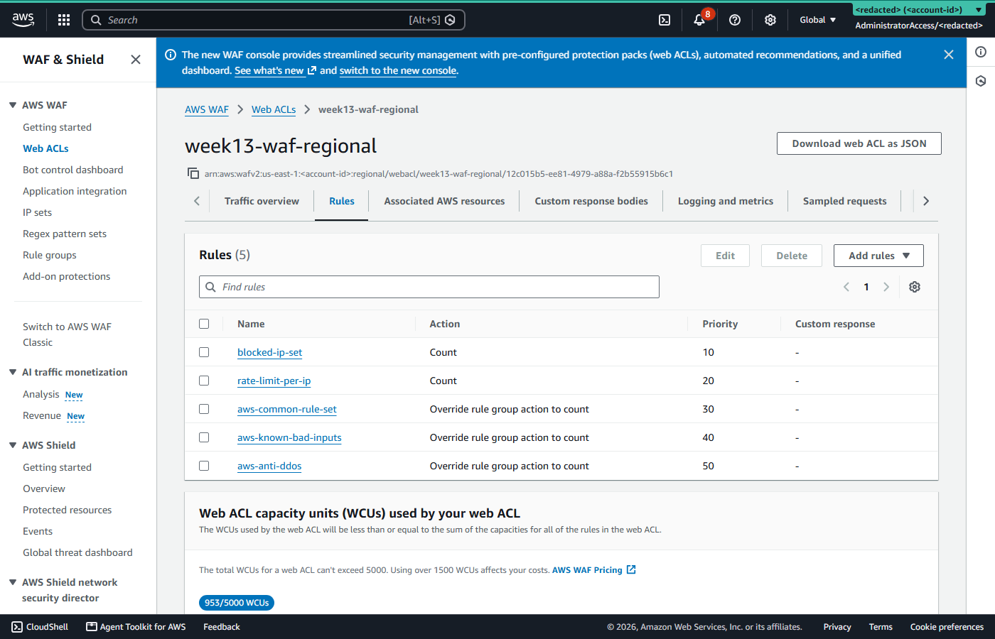 AWS WAF console showing five rules in Count mode and 953 of 5000 WCUs used