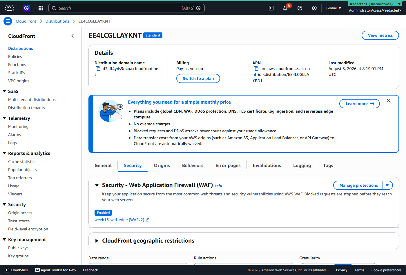 CloudFront distribution Security tab showing WAF enabled with the edge web ACL