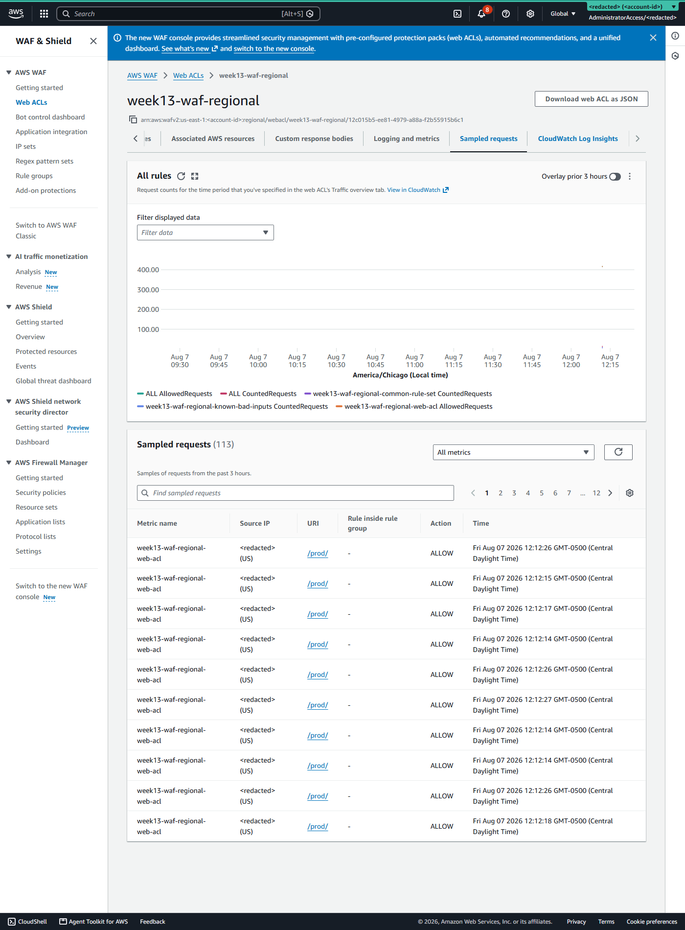 WAF sampled requests in Count mode with the CountedRequests graph