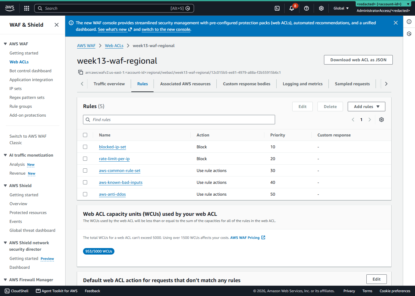 AWS WAF console showing the same five rules now in Block mode