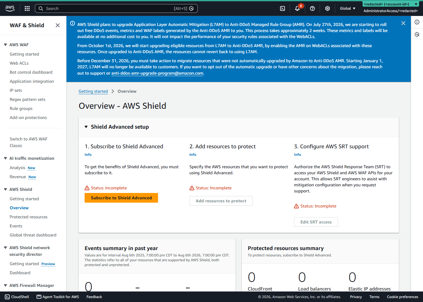 AWS Shield console showing Shield Advanced setup incomplete and the L7AM migration banner