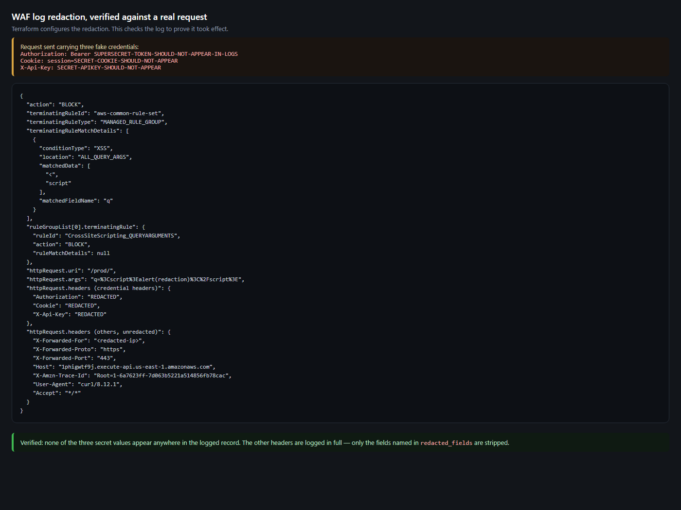 WAF log record showing Authorization, Cookie and X-Api-Key all REDACTED while other headers remain