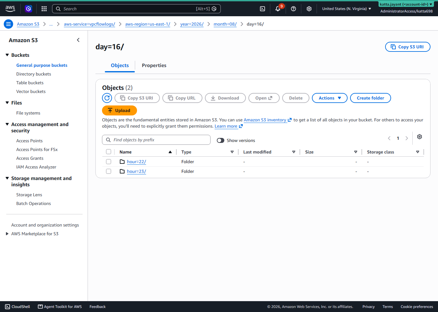 S3 console breadcrumb showing hive-style partition prefixes down to hour