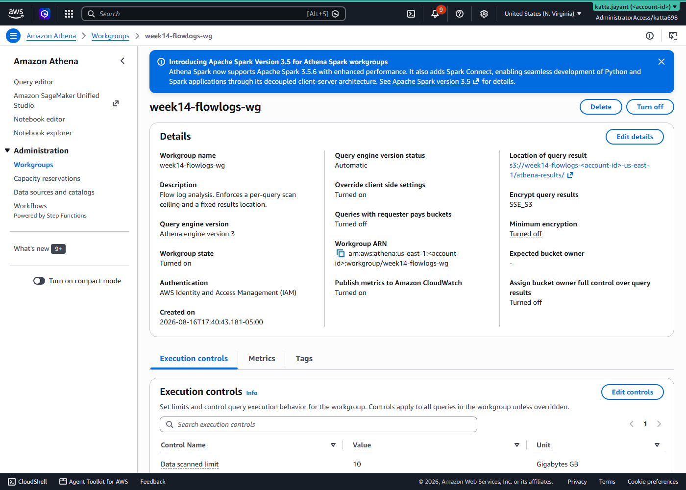 Athena workgroup details showing a 10 GB data scanned limit