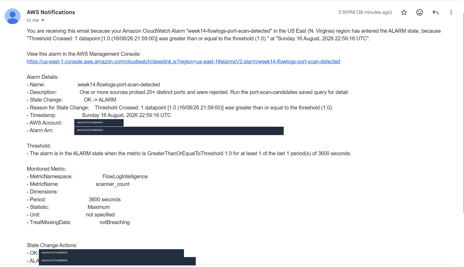 SNS notification email for the port-scan-detected alarm entering ALARM state