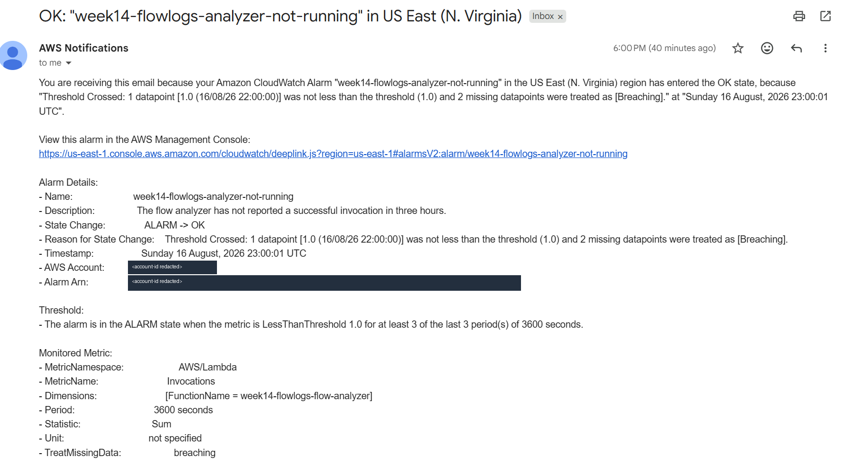 SNS notification email for the analyzer-not-running alarm returning to OK