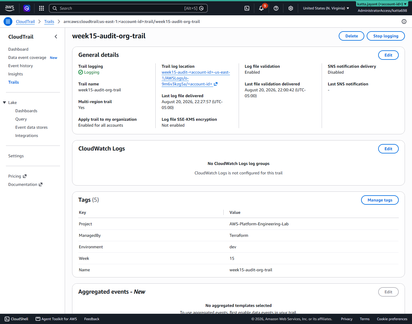 CloudTrail console showing the organization trail: logging, multi-region, applied to the whole organization, log file validation enabled