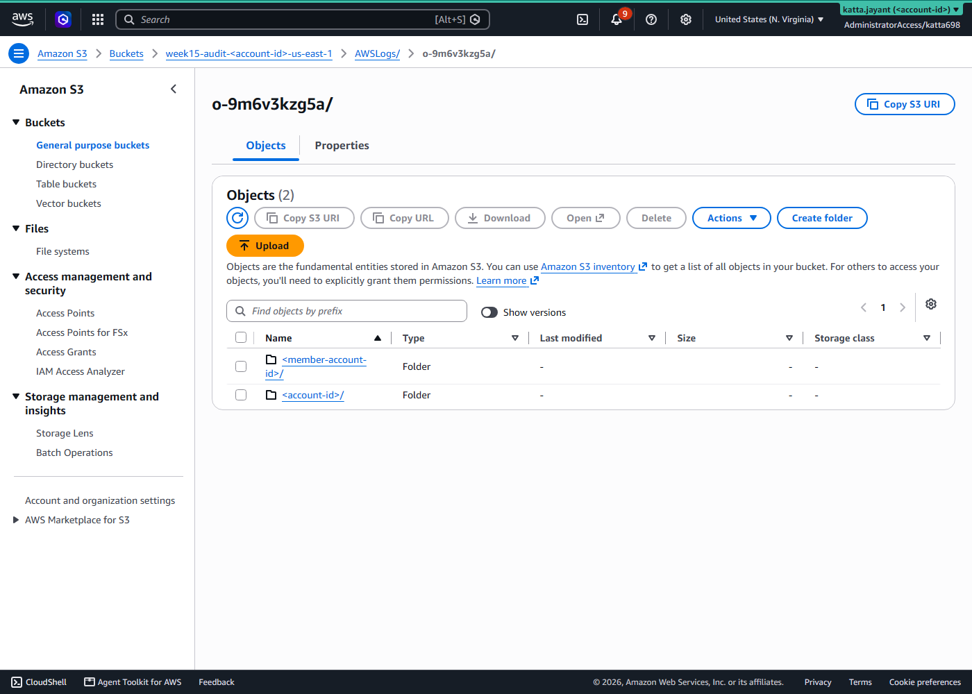 S3 console showing one folder per account under the organization ID prefix