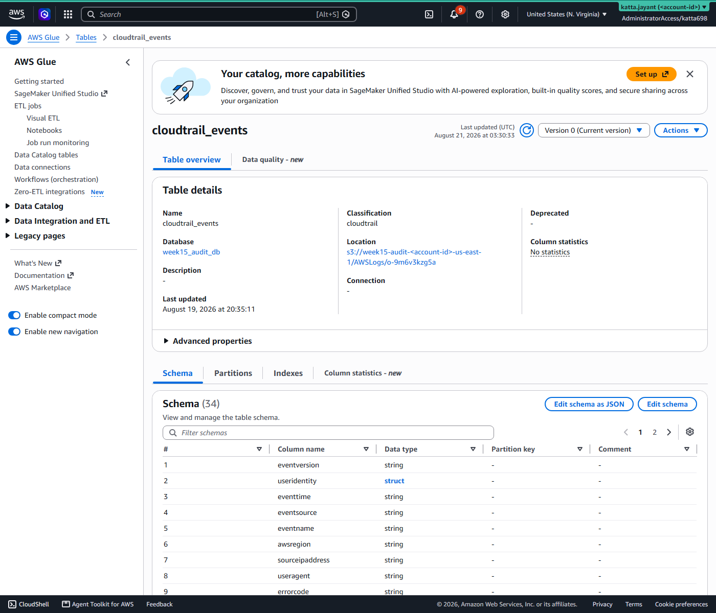 Glue table details showing the CloudTrail classification, 34 columns and the org-id location