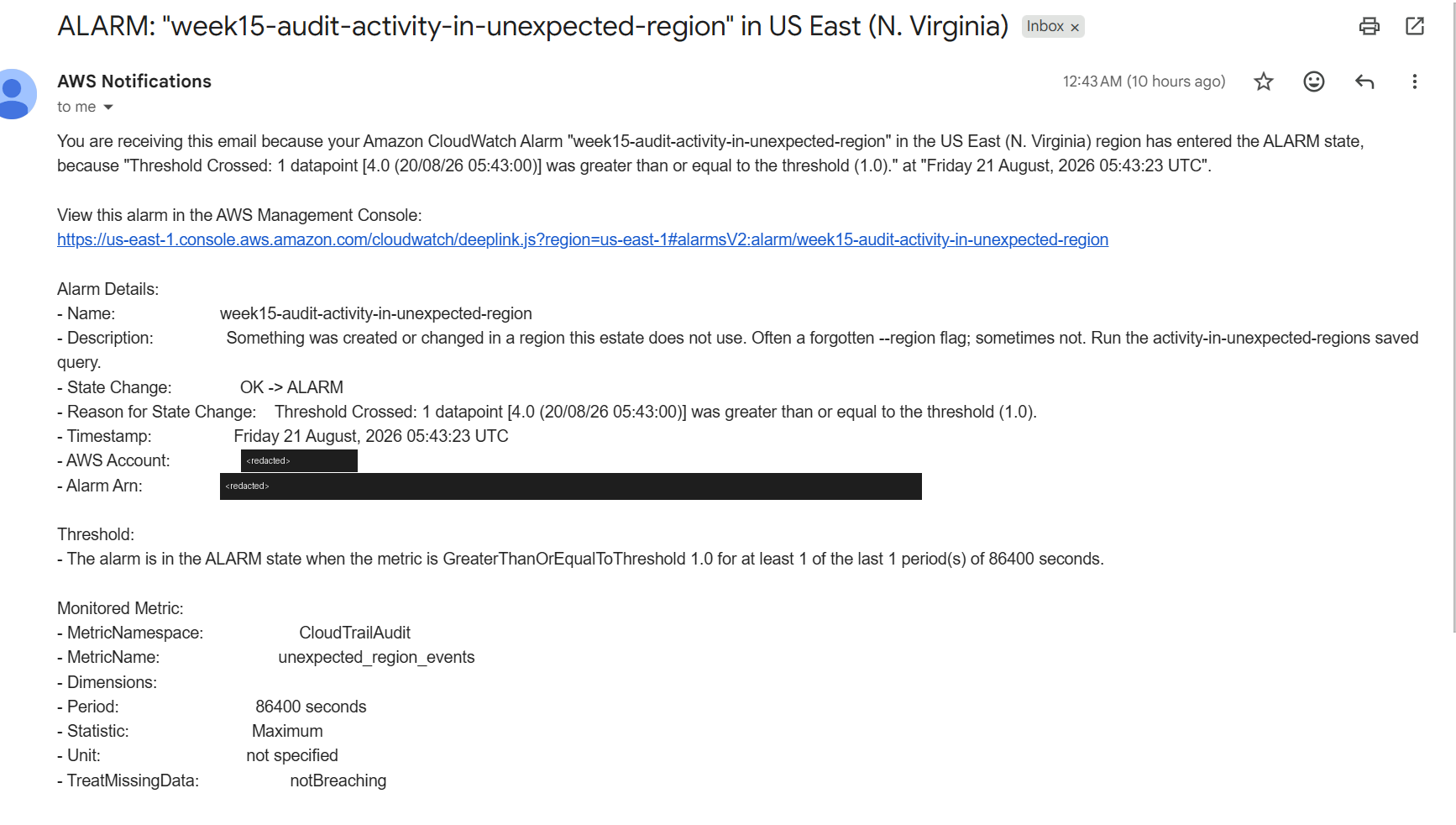 CloudWatch alarm email reporting mutating activity in an unexpected region