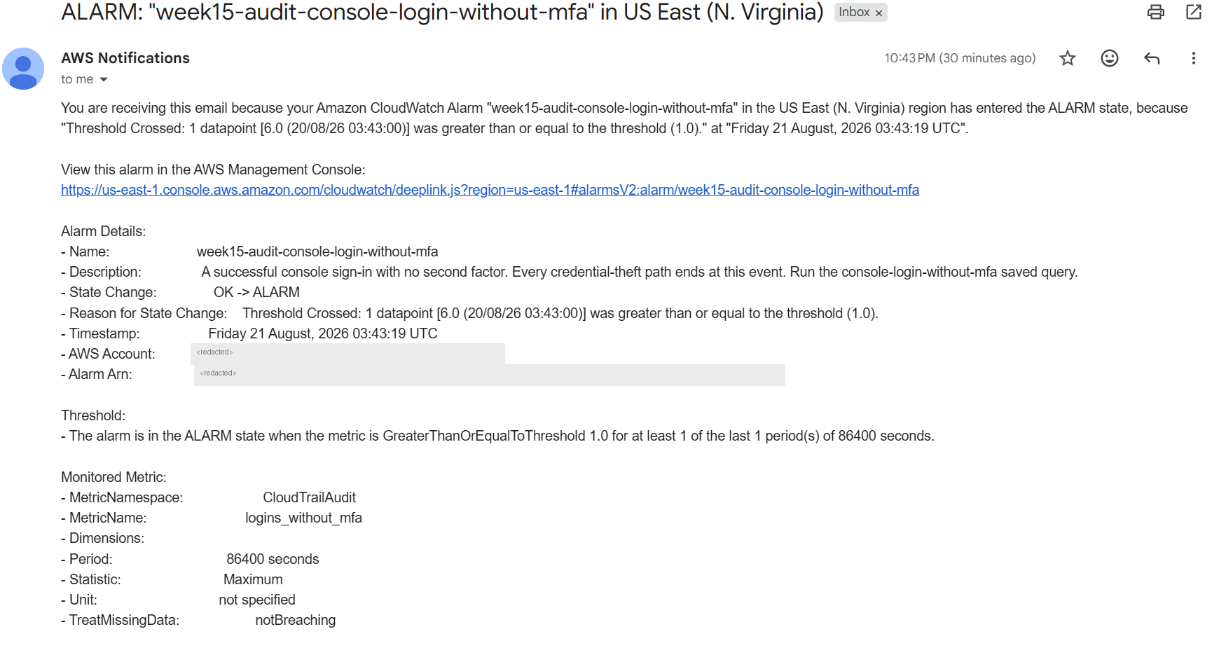 CloudWatch alarm email reporting six logins without MFA