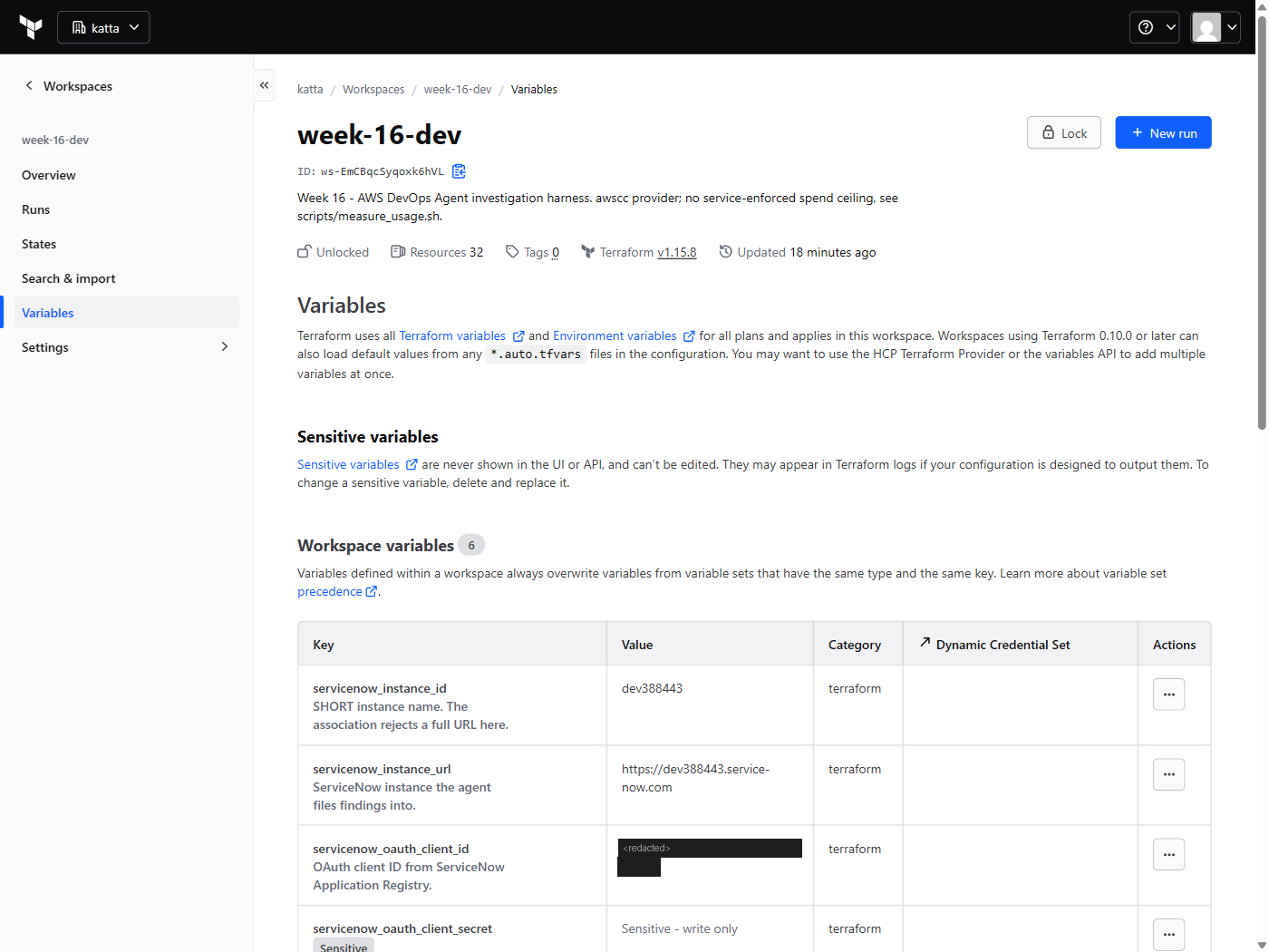 HCP workspace variables for Week 16, including the OIDC environment variables and the ServiceNow OAuth credentials marked sensitive