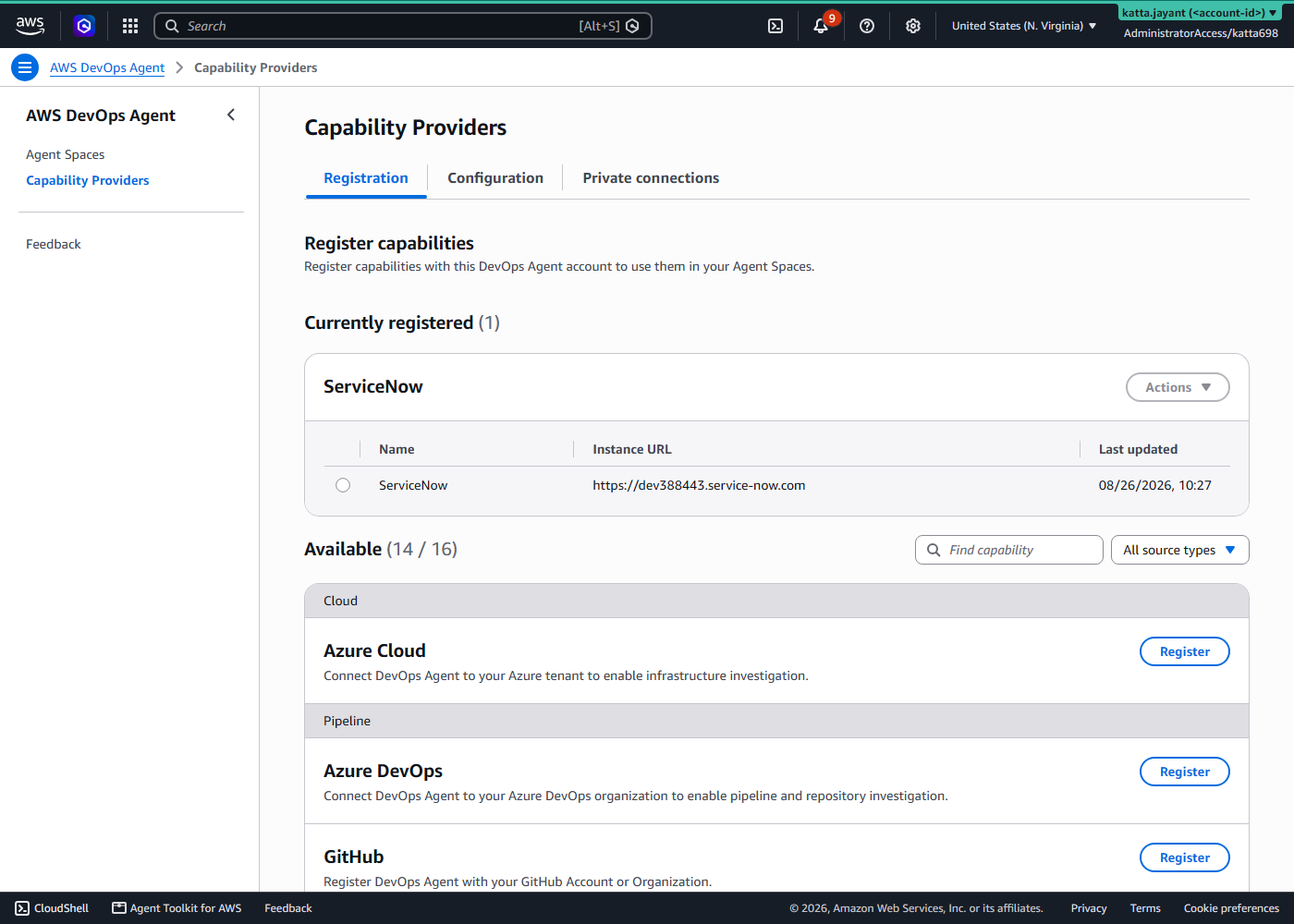 Capability Providers page showing ServiceNow registered, with fourteen other capabilities available