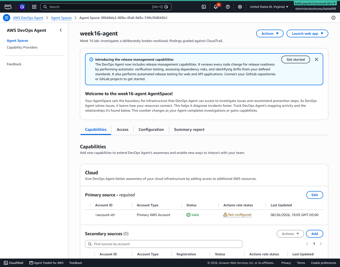 Agent space detail showing the primary AWS account source as Valid, with Actions role status Not configured