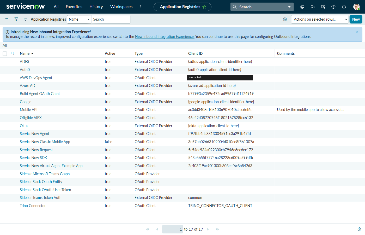 ServiceNow Application Registries list with an OAuth Client entry named AWS DevOps Agent