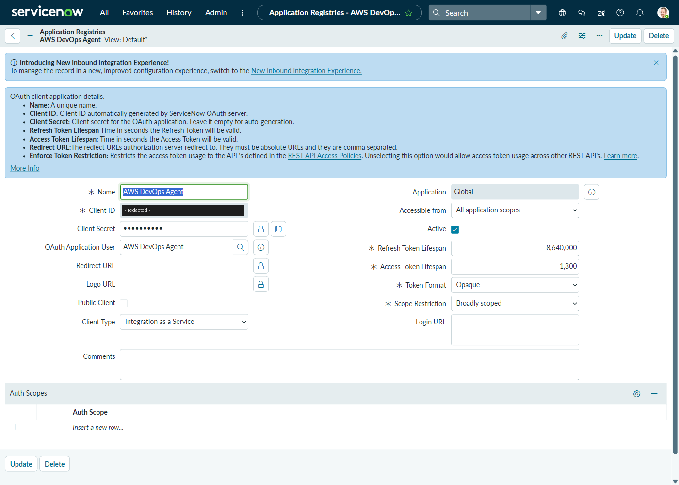The ServiceNow OAuth client record showing Client Type set to Integration as a Service and an OAuth Application User assigned