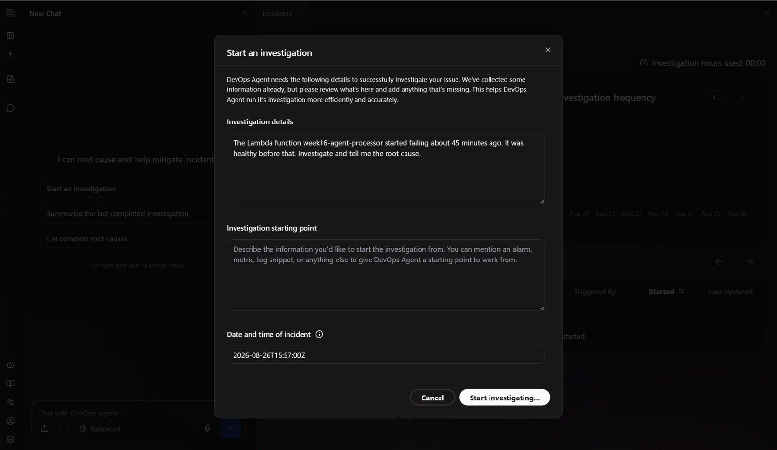 The Start an investigation dialog with a bare symptom description and an empty investigation starting point field